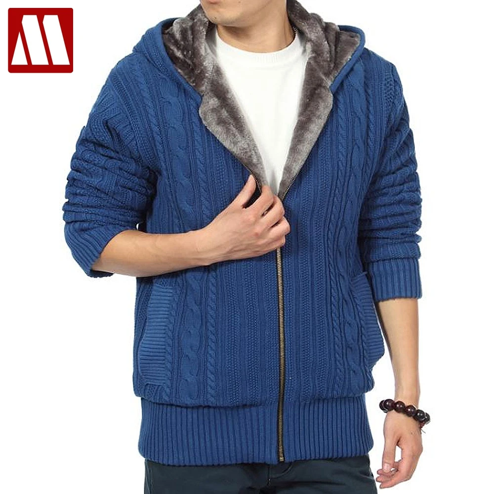 

New Arrival Mens Cardigans Sweater Casual Hooded Zipper Men's Sweaters Winter Big size Warm Thicken Fur Lining Hombre Knitwear