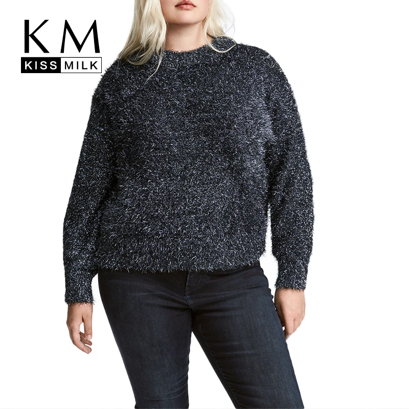 Kissmilk Plus Size Women O-neck Long Sleeve Solid Knitted Sweater Loose Casual Elasticity Autumn Pullovers for Female | Женская одежда