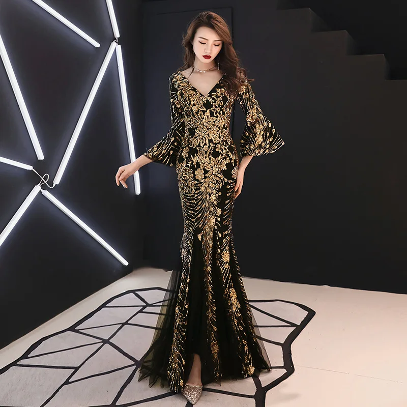 

Champagne Evening Dress Gold Sequins Charming Formal Trumpet Party Gown V-neck Flare Sleeve Long Black Mermaid Prom Dresses E063