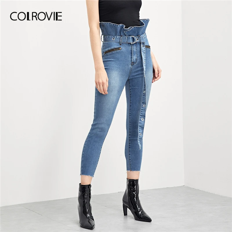 COLROVIE Blue Ruffle Waist Skinny Casual Jeans With D-Ring Belt Women 2019 Spring Fashion High Waist Jeans Female Pocket Pants
COLROVIE Blue Ruffle Waist Skinny Casual Jeans With D-Ring Belt Women 2019 Spring Fashion High Waist Jeans Female Pocket Pants