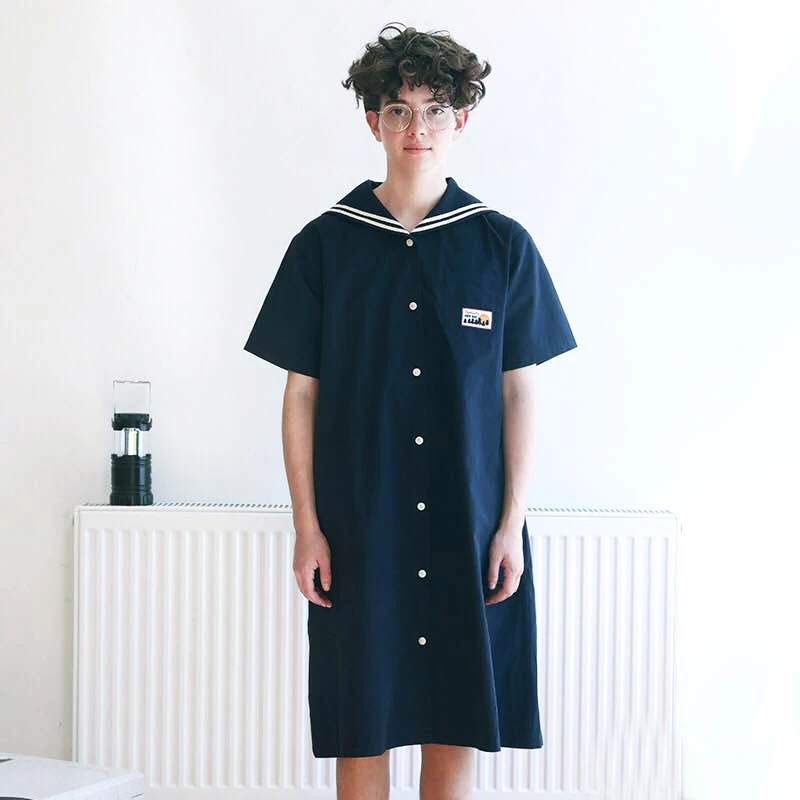 Women Summer Loose Dress Cotton Short Sleeve Sailor Collar Letters Embroidery Botton Preppy Style Knee Length Black Dresses
Women Summer Loose Dress Cotton Short Sleeve Sailor Collar Letters Embroidery Botton Preppy Style Knee Length Black Dresses
