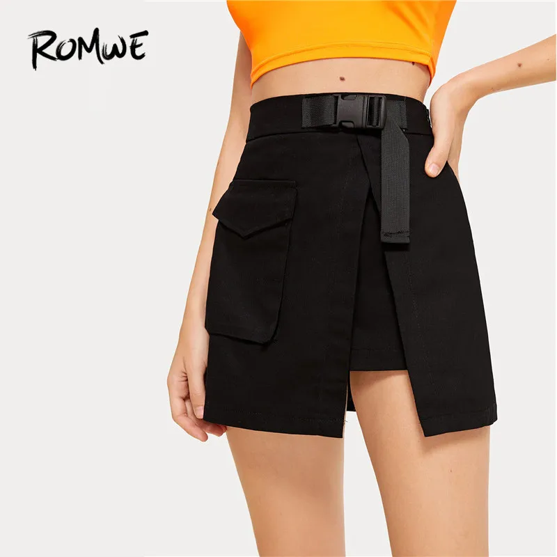 ROMWE Black Mid Waist Women High Street Mini Skirt Boylish Summer Pocket Detail Slip Hem Wrap Solid Short Skirts Without Belt
ROMWE Black Mid Waist Women High Street Mini Skirt Boylish Summer Pocket Detail Slip Hem Wrap Solid Short Skirts Without Belt