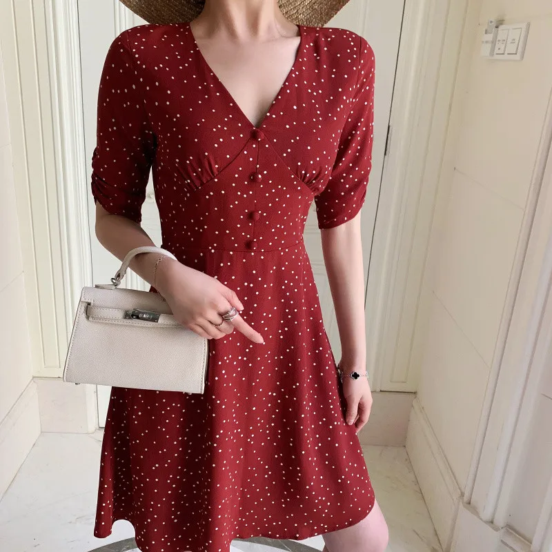 Women Sexy Backless Red Polka Dot Dress Vestidos New Summer French Retro Deep V Neck Vintage Dress Slim A Line Mini Party Dress
Women Sexy Backless Red Polka Dot Dress Vestidos New Summer French Retro Deep V Neck Vintage Dress Slim A Line Mini Party Dress