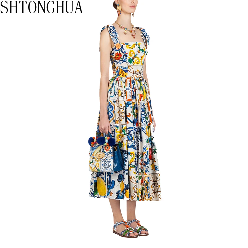 SHTONGHUA Runway Summer Blue And White Porcelain Print Long Dress Sexy Women Bow Halter Party Vestidos Vintage Floral Midi Dress
SHTONGHUA Runway Summer Blue And White Porcelain Print Long Dress Sexy Women Bow Halter Party Vestidos Vintage Floral Midi Dress
