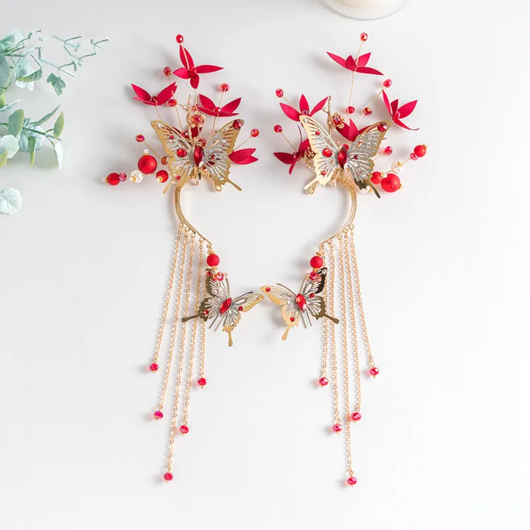 1pair super-immortal red flower butterfly ear hangs Bride headdress accessories beads tassels bride hair | Украшения и аксессуары