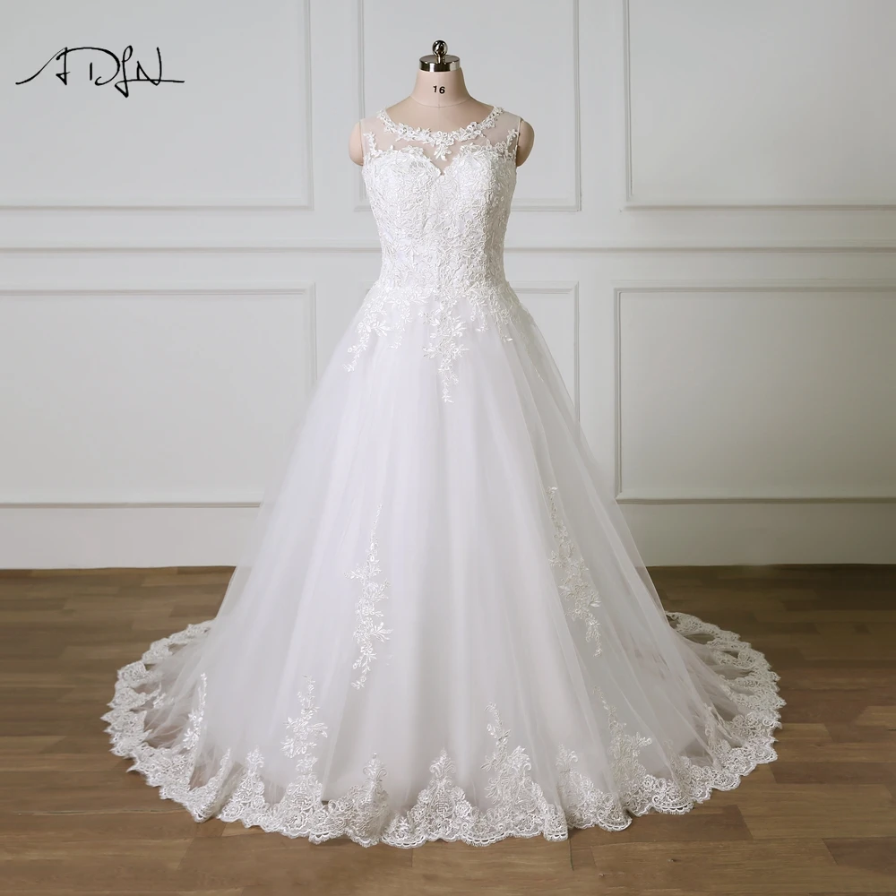 ADLN Jewel Sleevelss A-line Plus Size Wedding Dresses Appliqued Sweep Train Vestido de Novia White/Ivory Lace Bridal Gown
ADLN Jewel Sleevelss A-line Plus Size Wedding Dresses Appliqued Sweep Train Vestido de Novia White/Ivory Lace Bridal Gown