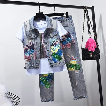 2019 Spring New Women's Two Pieces Jeans Sets Women's Denim Cartoon Sequined Vest Coat + Hole Jeans Suits
2019 Spring New Women's Two Pieces Jeans Sets Women's Denim Cartoon Sequined Vest Coat + Hole Jeans Suits