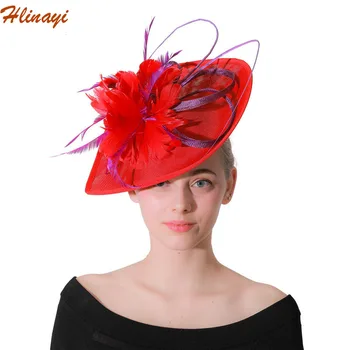 Hlinayi 2019 European and American hemp yarn headdress bride hair decoration photo hat red with purple feather headdress 
Hlinayi 2019 European and American hemp yarn headdress bride hair decoration photo hat red with purple feather headdress