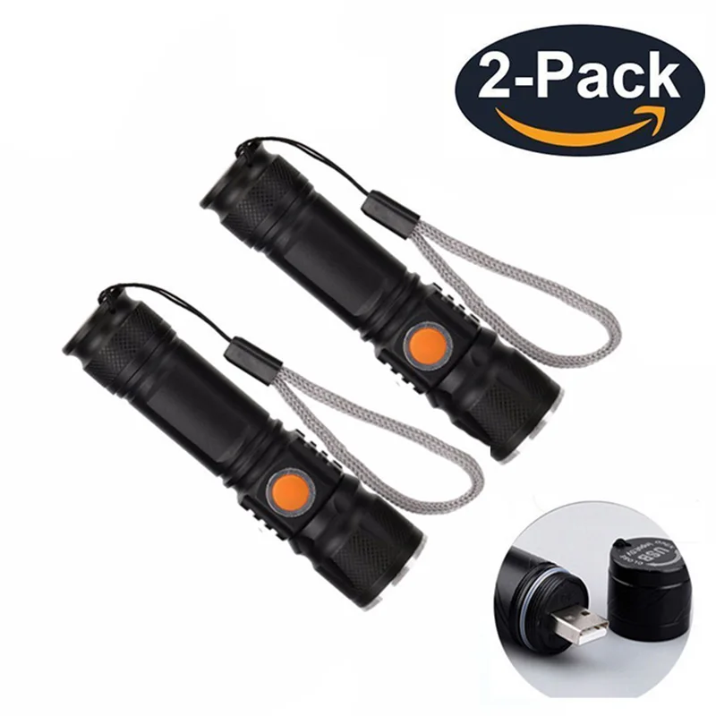 

2 Pack USB Led Flashlight Built in 18650 Battery Rechargeable Linternas Cree XML-T6 2000LM Mini Light For Emergency Camping