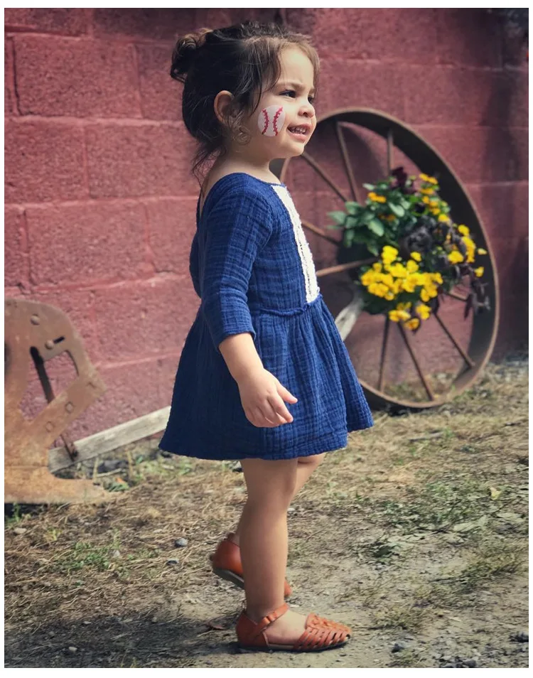 Mother nest Lone Sleeves Baby Girl Lace Dress Dark Blue Linen Cute Newborn Clothes Dresses Children Simple Cotton 1st Birthday (27)