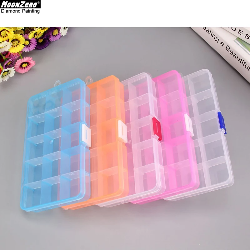 

New 15 Slots 4 Colors Plastic Storage Box Jewelry Pill Clear Case Diamond Painting Coss Stitch Embroidery Beaded Mosaic Tool