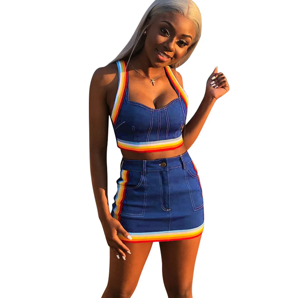 2019 Summer Striped Jeans Two Piece Set Bodycon Sleeveless Button Women Sexy Crop Top Mini Skirts Sets Denim Casual Slim Outfits
2019 Summer Striped Jeans Two Piece Set Bodycon Sleeveless Button Women Sexy Crop Top Mini Skirts Sets Denim Casual Slim Outfits
