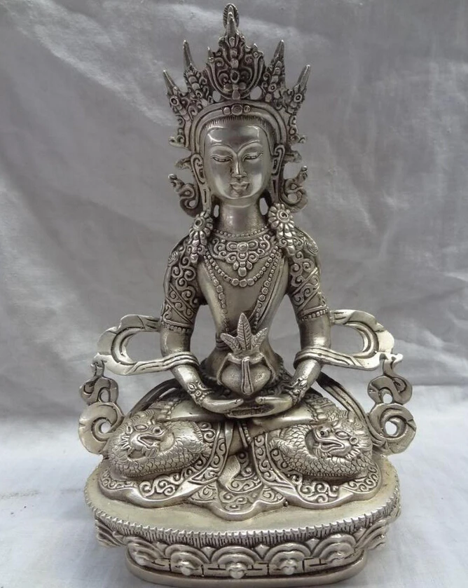 

S3839 9" Tibet Silver Buddhism Dragon Head Portect Amitayus Buddha Bronze Tara Statue D0317