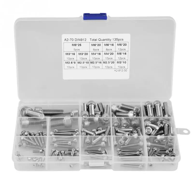 135Pcs/Lot M2.5/M3/M4/M5/M6/M8 Hex Socket Screws 304 Stainless Steel Hex Socket Head Cap Screw Bolt Set Assortment Kit
135Pcs/Lot M2.5/M3/M4/M5/M6/M8 Hex Socket Screws 304 Stainless Steel Hex Socket Head Cap Screw Bolt Set Assortment Kit