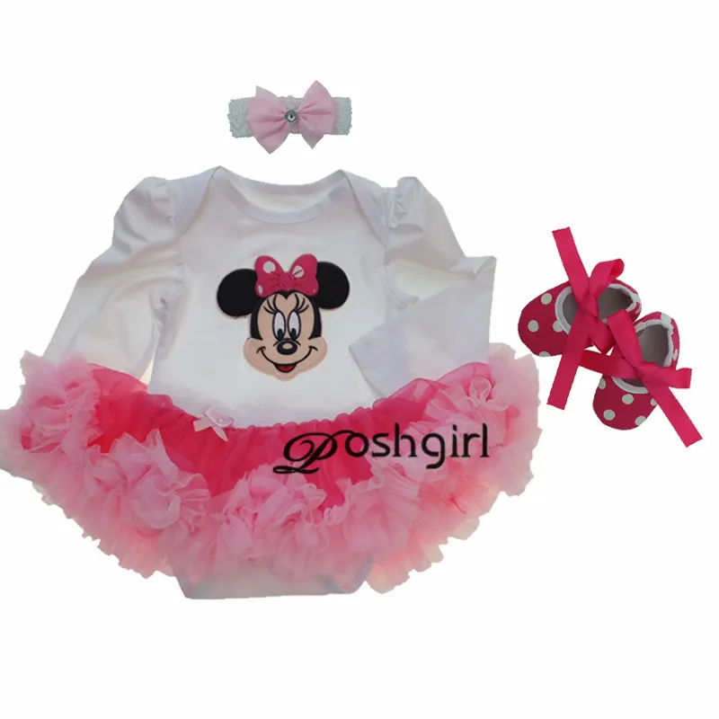 

Baby Girl Clothing Sets Baby Minnie Mouse Long Tutu Romper Dress Jumpersuit+Headband+Shoes 3pcs Set Bebe First Birthday Costumes
