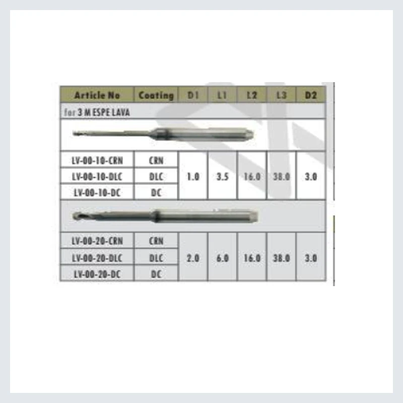 2.0mm CAD CAM Milling Burs Dental Zirconia PMMA FOR 3 M ESPE LAVA Milling Burs CrN DLC DC Material
2.0mm CAD CAM Milling Burs Dental Zirconia PMMA FOR 3 M ESPE LAVA Milling Burs CrN DLC DC Material