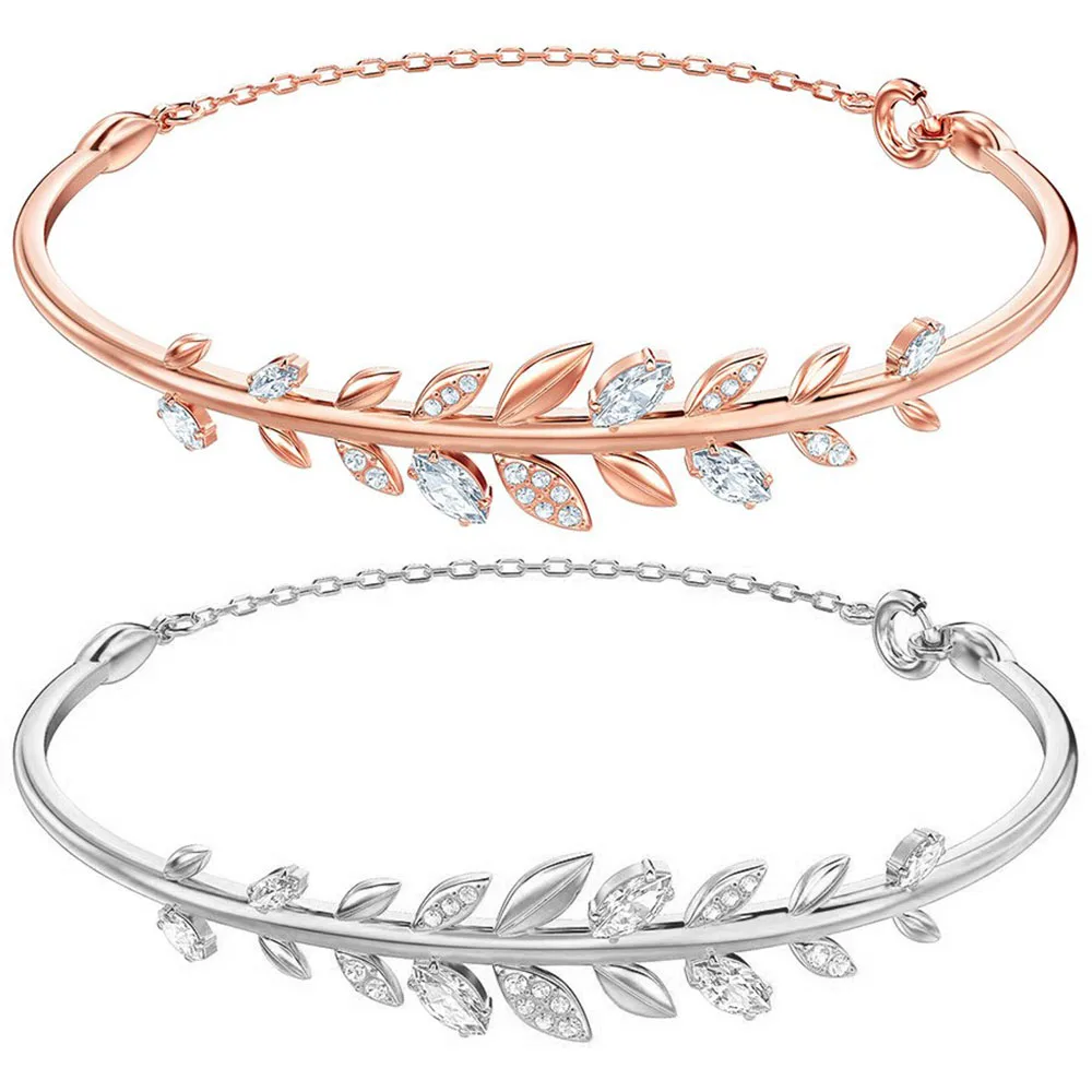 

2018 Autumn New Full Diamond MAYFLY BANGLE WHITE ROSE GOLD Leaf Bracelet Girl Daughter Jewelry Gift Free Shipping