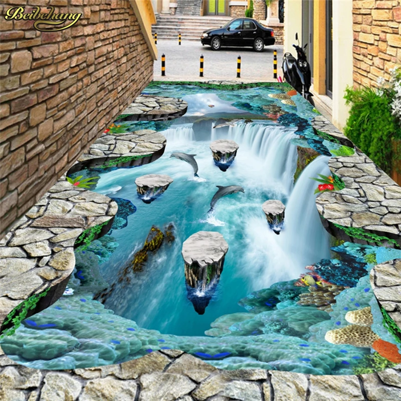 Image beibehang Custom photo wallpaper wallpaper floor painted cliffs suspended island waterfall birds bathroom kitchen walkway 3D