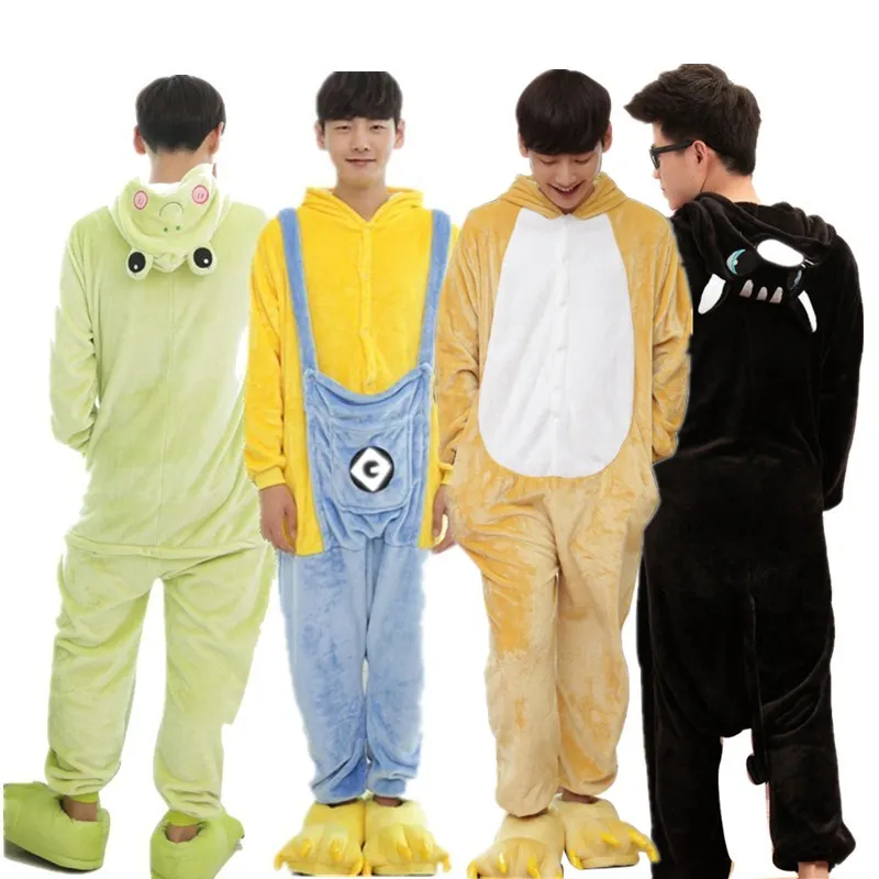 Funny Flannel Cartoon Kigurumi For Men Bear Minions Panda Shark Animal Onesies Adult Jumpsuit Pyjamas Cat Cosplay Party Costume