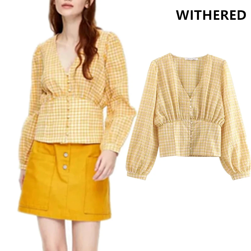 Withered high street yellow plaid v-neck simple blusas mujer de moda 2019 kimono blouse women womens tops and blouses plus size
Withered high street yellow plaid v-neck simple blusas mujer de moda 2019 kimono blouse women womens tops and blouses plus size
