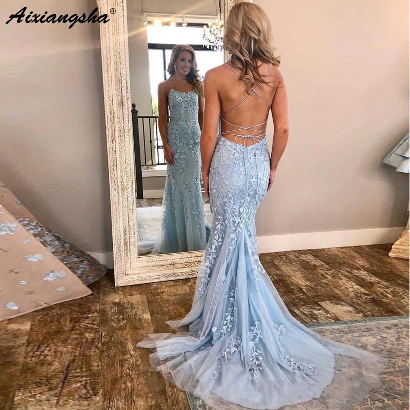 New Style 2019 Spaghetti Strap Backless Pageant Formal Dress Appliques Tulle Sky Blue Mermaid Prom Dresses
New Style 2019 Spaghetti Strap Backless Pageant Formal Dress Appliques Tulle Sky Blue Mermaid Prom Dresses