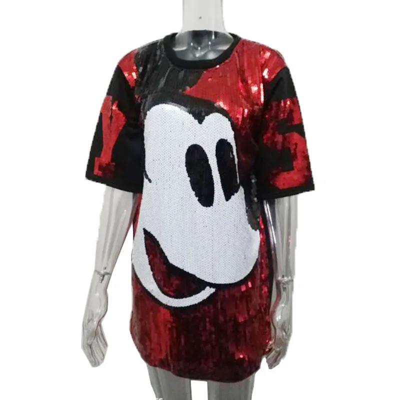 

Woman Cartoon Red Mickey Sequins Loose Long T-shirt Hiphop Tee Dress Short Sleeved Splicing Sequined Oversized Streetwear Tops