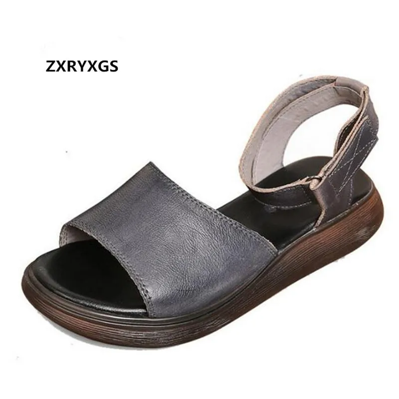 ZXRYXGS brand Shoes women sandals 2018 new Summer open toe Retro Real Leather sandals Casual Shoes Thick bottom wedges sandals