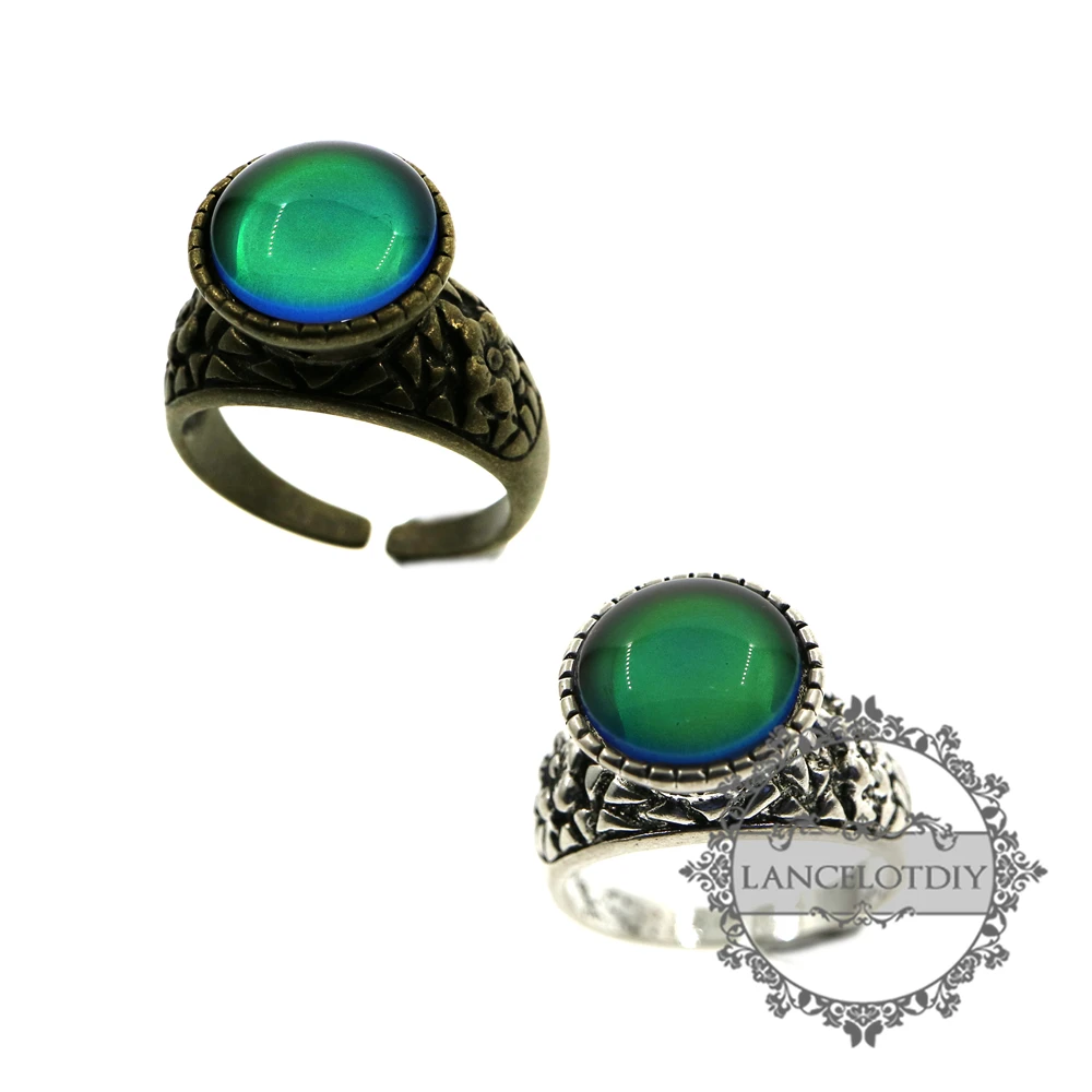 vintage style round cabochon antiqued silver bronze flower color changing mood ring fashion emotion women adjustable 629002 | Украшения и