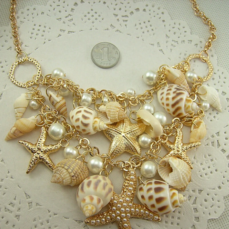 2018 Conch Shell Starfish Simulated pearl Necklace Sweet Fashion Sea Star Plated Multitiered Necklaces & Pendants | Украшения и
