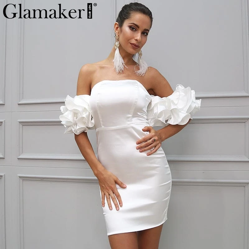 Glamaker Off shoulder sexy white dress Women ruffle bodycon dress vestidos robe Femme elegant evening party dress female 2018
Glamaker Off shoulder sexy white dress Women ruffle bodycon dress vestidos robe Femme elegant evening party dress female 2018