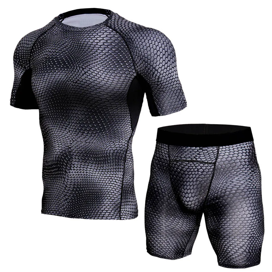 

Two Piece Set Men Short Sleeve Compression Running Suits Men Printed Gym Fitness Tights Quick Dry Running T Shirt And Shorts