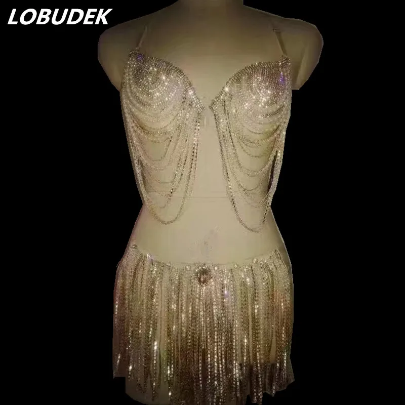 Женское блестящее бикини с кисточками и золотыми кристаллами для бара ночного