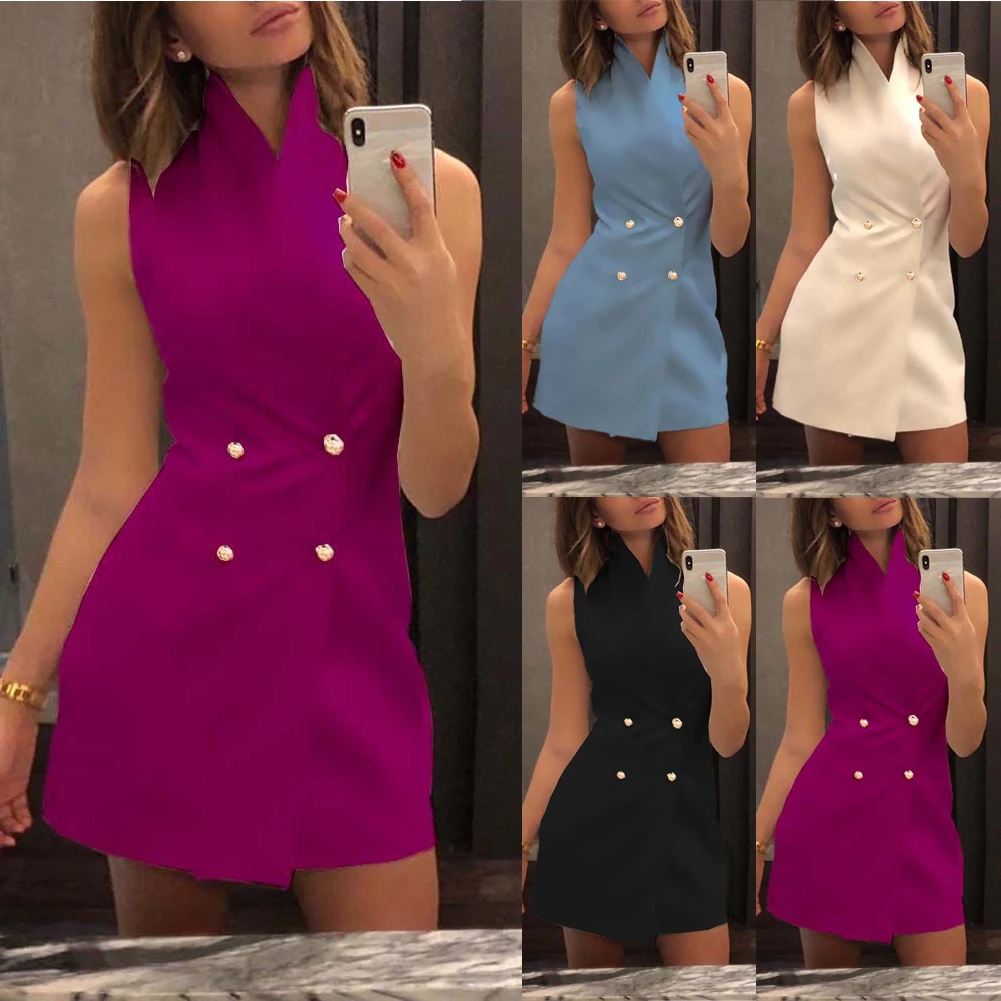 New Women Office Mini Dress Solid Collar Sleeveless Double Breasted Short Dresses Wasitcoat Mini Dresses New
New Women Office Mini Dress Solid Collar Sleeveless Double Breasted Short Dresses Wasitcoat Mini Dresses New