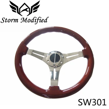 

SuTong Universal Pure Wooden Steering Wheel Classic 350MM 14inch Car Brown Mahogany Wood 3 Electroplated Steel Spoke SW301
