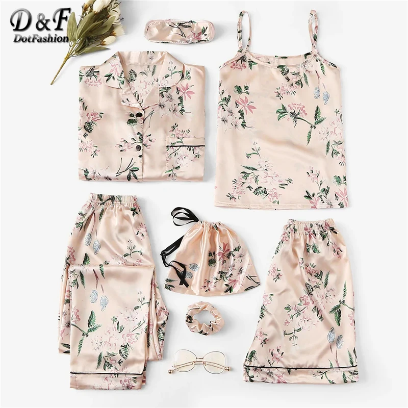 

Dotfashion Apricot 7pcs Floral Print Satin Cami PJ Set With Shirt 2019 Pajamas For Women Spring Elegant Long Sleeve Loungewear