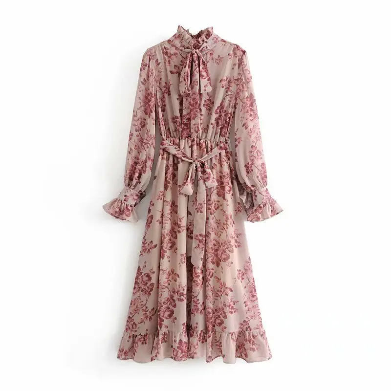 New 2019 holiday style European and American fashion style retro ancient print high collar ruffled chiffon long sleeve dress
New 2019 holiday style European and American fashion style retro ancient print high collar ruffled chiffon long sleeve dress