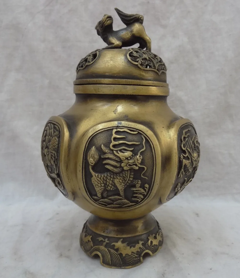 8" Tibet Bronze Dragon Phoenix Kylin PiXiu Statue Flower Incense Burner Censer