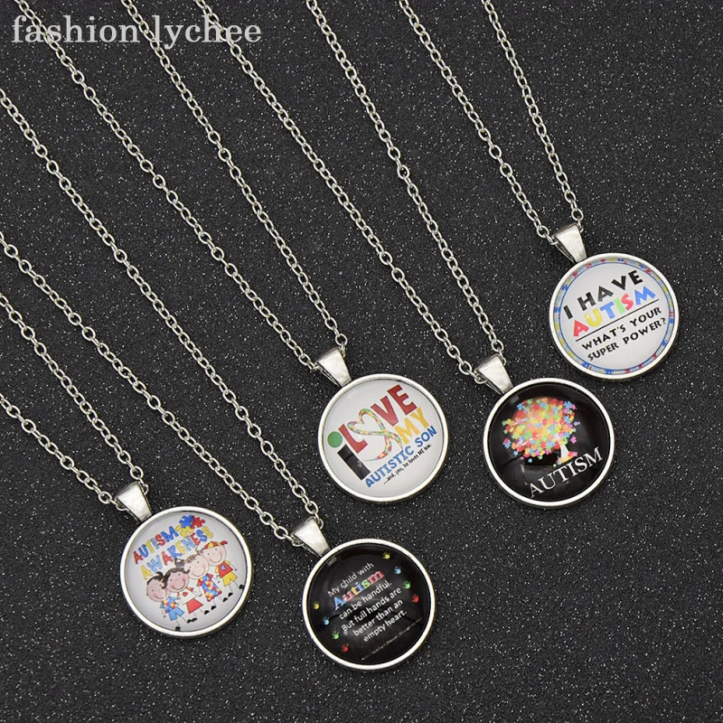 fashion lychee Autism Care Cartoon Puzzle Ribbon Cabochon Pendant Necklace Metal Chain Jewelry For Children Gift
fashion lychee Autism Care Cartoon Puzzle Ribbon Cabochon Pendant Necklace Metal Chain Jewelry For Children Gift