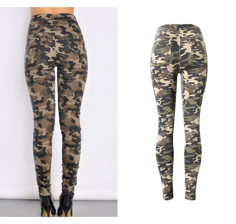 2017 New Brand Women Fitness Cloth Camouflage High Waist Elastic Stretch Holes Jeans Pencil Pants Street Style Denim Trousers (4)