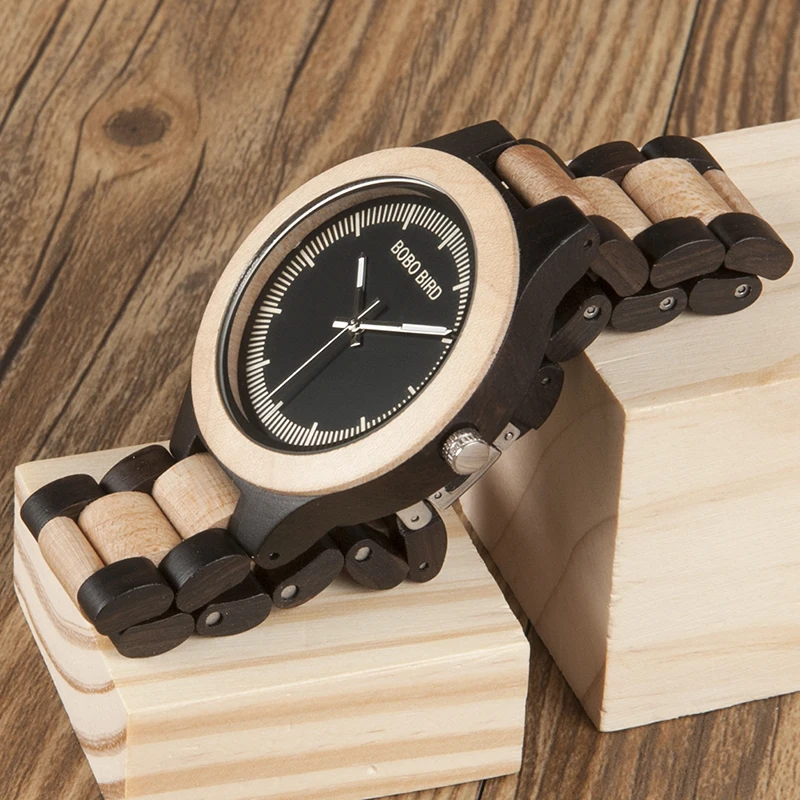 BOBO BIRD WO01O02 Wood Watch Ebony RedWood Pine Wooden Watches for Men Two-tone Wood Quartz Watch with Tool for Adjusting Size 16