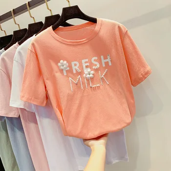 2019 Summer New Fashion Letter Beads Loose T-shirt Woman O-neck Short-sleeved Girls Students Casual TShirts Tops 
2019 Summer New Fashion Letter Beads Loose T-shirt Woman O-neck Short-sleeved Girls Students Casual TShirts Tops