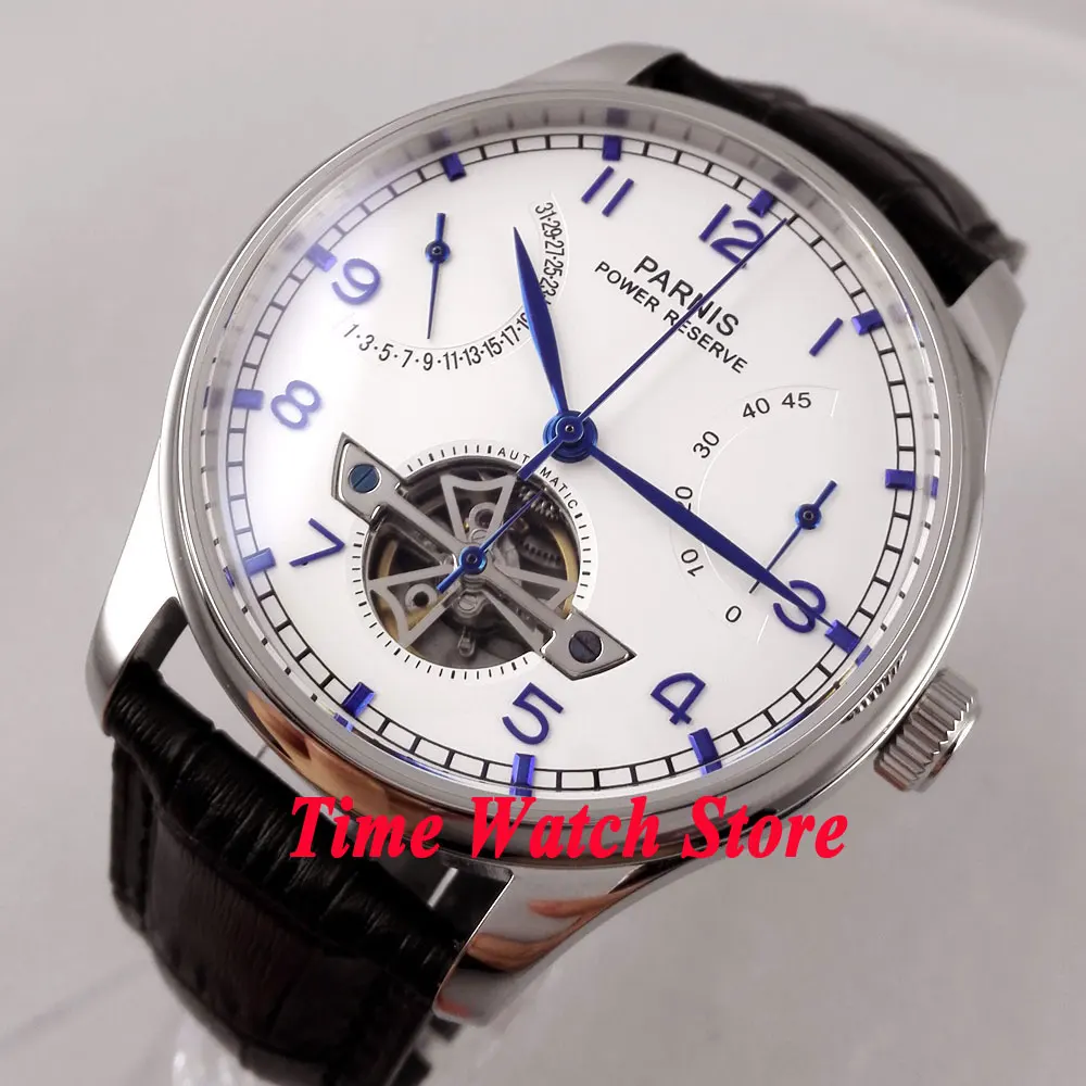 Parnis 43mm ST 2505 Automatic watch men waterproof Power Reserve display White dial blue marks leather strap
Parnis 43mm ST 2505 Automatic watch men waterproof Power Reserve display White dial blue marks leather strap