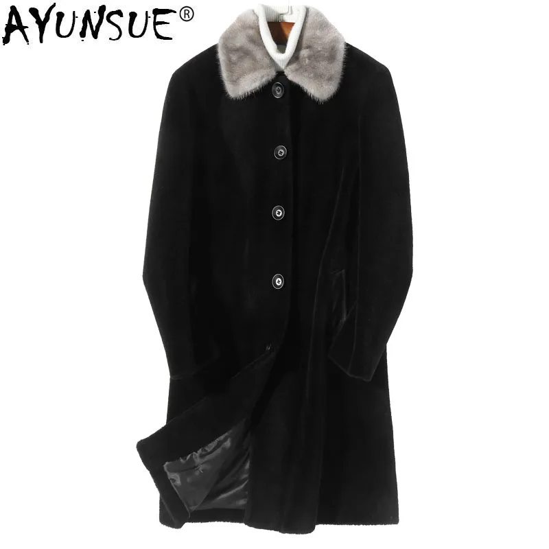 AYUNSUE Real Fur Coat Natural Sheep Shearling Coats Autumn Winter Jacket Men Mink Collar Long Jackets Veste Homme MY1287 | Мужская