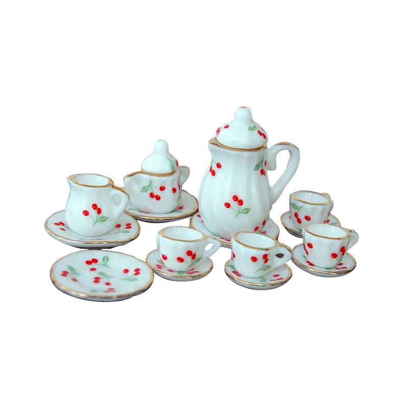1/12 Dollhouse Miniature Porcelain China Tea Set CHERRY 15PCS DC036