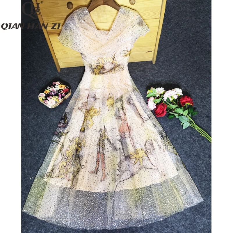 Qian Han Zi designer fashion dress Women Asymmetricalling collar Mesh printed A-Line Slim sequin embroidered dress
Qian Han Zi designer fashion dress Women Asymmetricalling collar Mesh printed A-Line Slim sequin embroidered dress