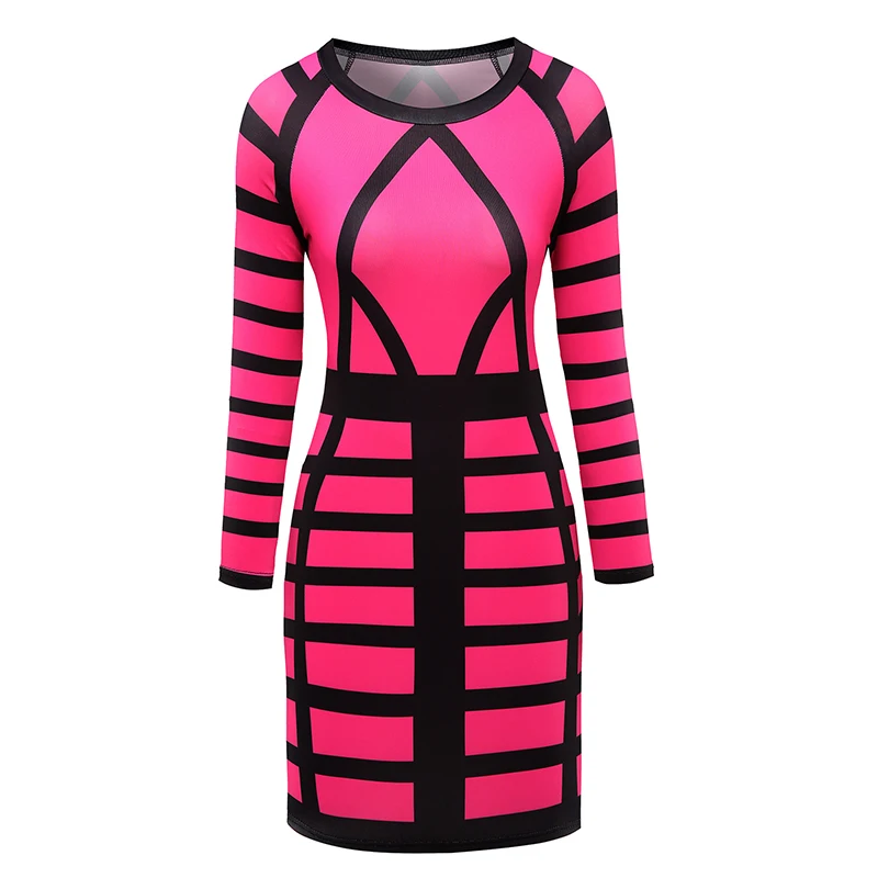 Kostlich Autumn 2017 Women O-Neck Long Sleeve Print Dress Mini Sexy Bodycon Women Dress Plus Size NightClub Wear Bandage Dress (37)