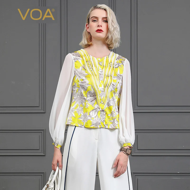 VOA Bright Yellow Silk Stain T Shirt Women Tops Lantern Long Sleeve Single Breasted Shirt Print Vogue Pullover Casual Tee B839 
VOA Bright Yellow Silk Stain T Shirt Women Tops Lantern Long Sleeve Single Breasted Shirt Print Vogue Pullover Casual Tee B839