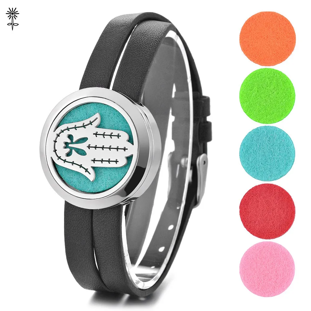Perfume Diffuser Locket Leather Wrap Band Hamsa Hand Pattern 316L Stainless Steel Bracelet with 5pcs Oil Pads VA-278
Perfume Diffuser Locket Leather Wrap Band Hamsa Hand Pattern 316L Stainless Steel Bracelet with 5pcs Oil Pads VA-278