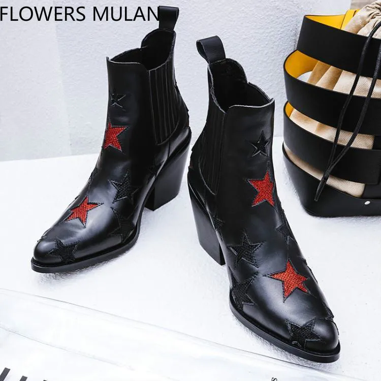 Fashion Black Leather Ankle Boots Women With Red Black Star Upper Ladies Booties Spike Heel Zapatos De Mujer Shoes Woman Slip On
Fashion Black Leather Ankle Boots Women With Red Black Star Upper Ladies Booties Spike Heel Zapatos De Mujer Shoes Woman Slip On