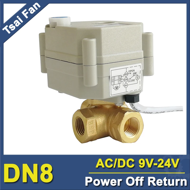 1/4'' (DN8) Spring return AC/DC9-24V T/L Type 3 Way Horizontal Brass Power Off Return Valve For Water Heating/Cooling
1/4'' (DN8) Spring return AC/DC9-24V T/L Type 3 Way Horizontal Brass Power Off Return Valve For Water Heating/Cooling